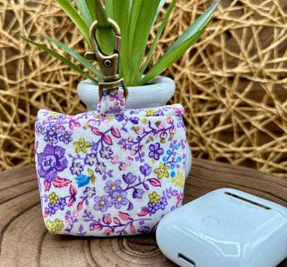 Wireless earbud case, Cute Purple and Yellow floral fabric with snap closure and swivel clasp for added protection and convenience, 3X3X.75"