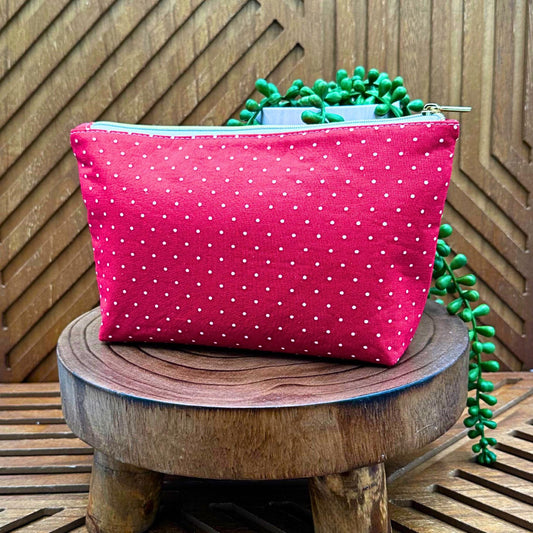 red with white polka dot zippered make up bag