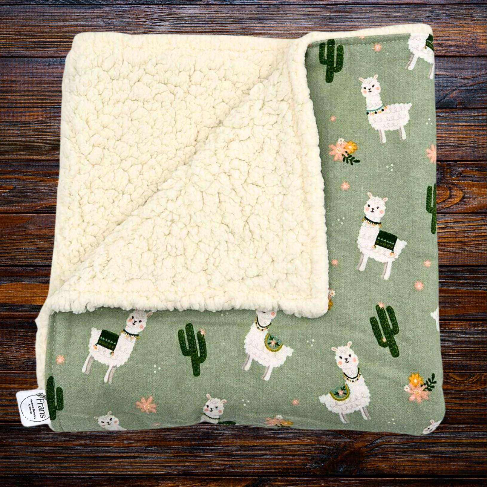 adorable baby llama green cotton flannel print baby blanket with a sherpa fleece on the other side