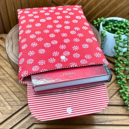 Red iPad Sleeve with Glittery Snow & Peppermint Candy Print - Festive Christmas Tablet Case, IPAD pouch, book sleeve, IPAD padded protection