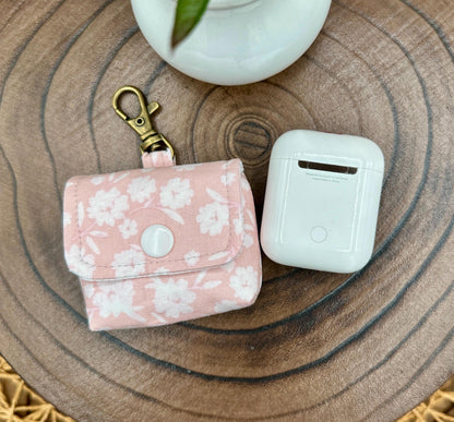Wireless earbud case, Elegant Pink with Cream Flowers Fabric with Snap Closure and Swivel Clasp for Style and Convenience, 3X3X.75"