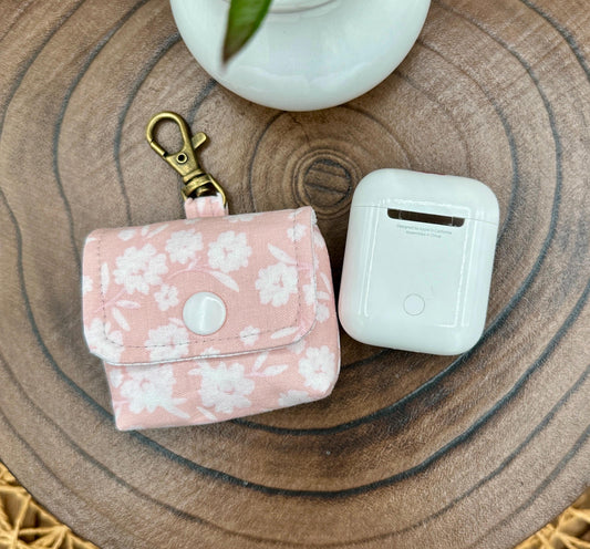Wireless earbud case, Elegant Pink with Cream Flowers Fabric with Snap Closure and Swivel Clasp for Style and Convenience, 3X3X.75"