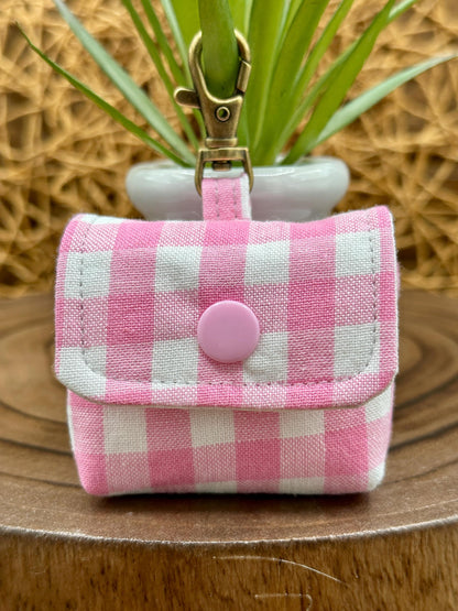 Wireless earbud case, Super Cute Pink Gingham Fabric with snap closure and swivel clasp for added protection and convenience, 3X3X.75"