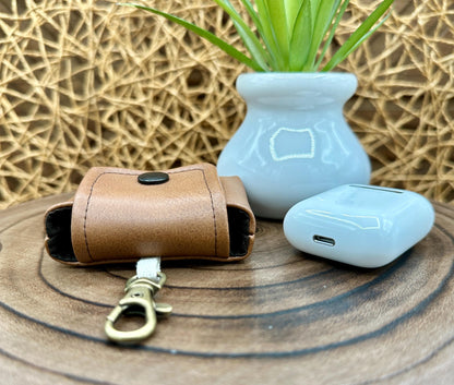 Brown Faux Leather Wireless earbud case, compatible with AirPods, snap closure swivel clasp included for easy and secure carry, 3X3X.75"