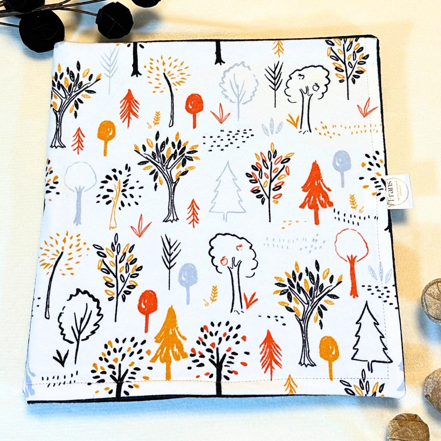 Orange and black harvest tree cotton flannel baby blanket