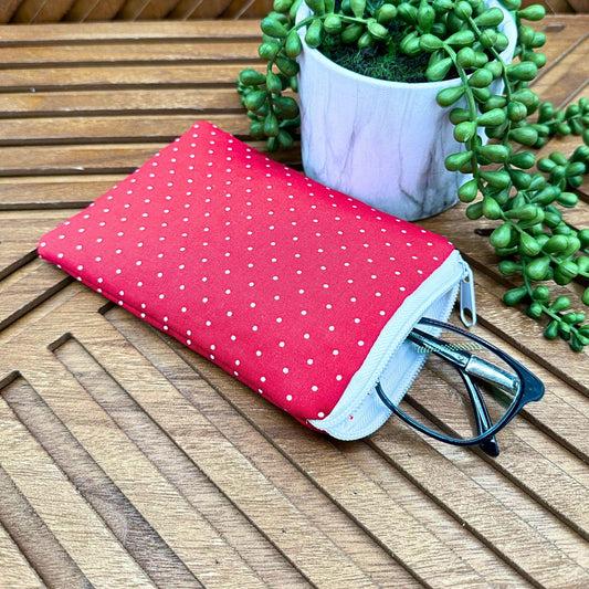 red and white polka dot zippered eyeglass case