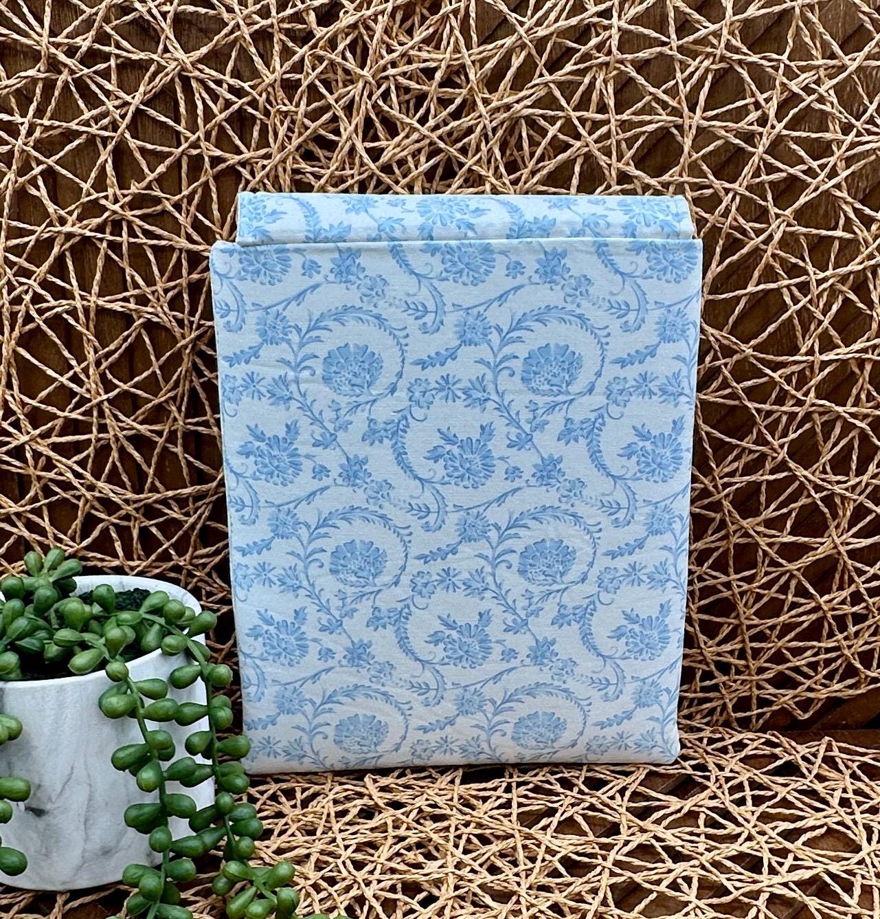Book Sleeve - Vintage Blue Floral Foam Padded Cotton Case with Magnetic Snaps, Keep your Book sand Electronic Devices Protected