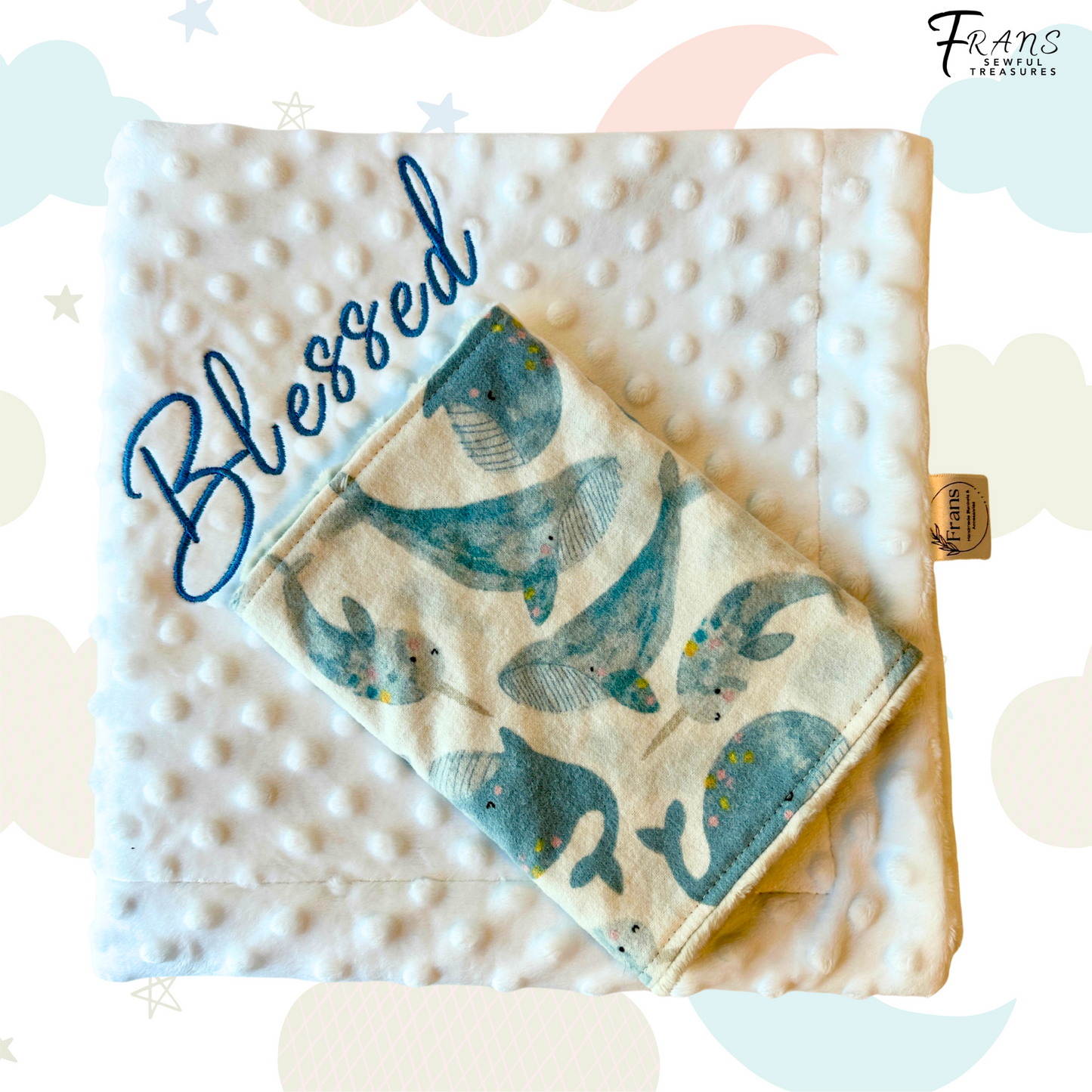 Luxury Whale-Themed Baby Blanket & Burp Cloth Gift Set, Stroller Blanket, Baby Gift Set