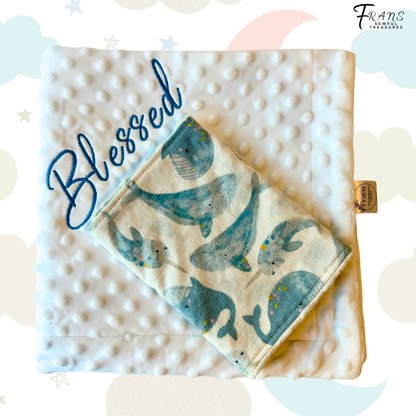 Luxury Whale-Themed Baby Blanket & Burp Cloth Gift Set, Stroller Blanket, Baby Gift Set