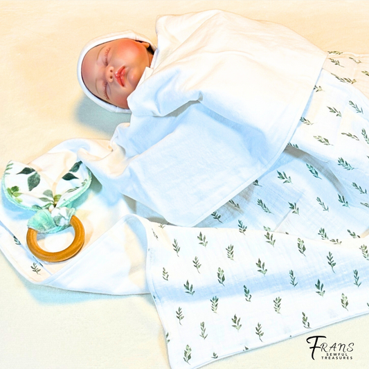 Botanical Bliss: Muslin & Flannel Baby Blanket with Two Matching Burp Cloths