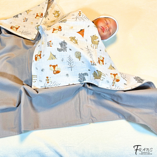 Whimsical Woodland Baby Blanket, Bib & Burp Cloth Set, Comfy Muslin and Flannel