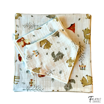 Whimsical Woodland Baby Blanket, Bib & Burp Cloth Set, Comfy Muslin and Flannel