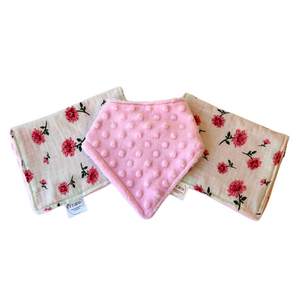 Pink Floral Burp Cloth & Bib Set – Handmade 3-Piece Baby Gift, Gauze & Terry 2-Pack Burp Cloths with Pink Dot Minky Bib