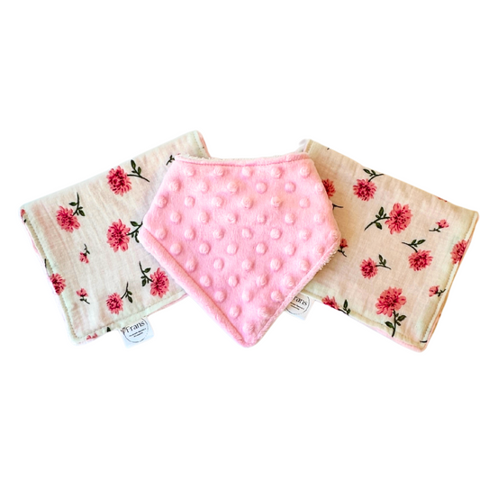 Pink Floral Burp Cloth & Bib Set – Handmade 3-Piece Baby Gift, Gauze & Terry 2-Pack Burp Cloths with Pink Dot Minky Bib