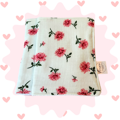 Pink Floral Muslin Burp Cloth Set – 2-Pack Handmade Baby Gift, Soft 7.5x17 Cloths with Absorbent White Terry Cloth Backing