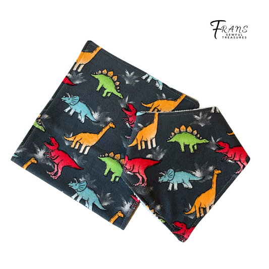 Dinosaur Bib & Burp Cloth Set – Handmade Baby Gift, Gray Cotton Flannel with Colorful Dinos, Terry & Flannel Backing, Absorbent