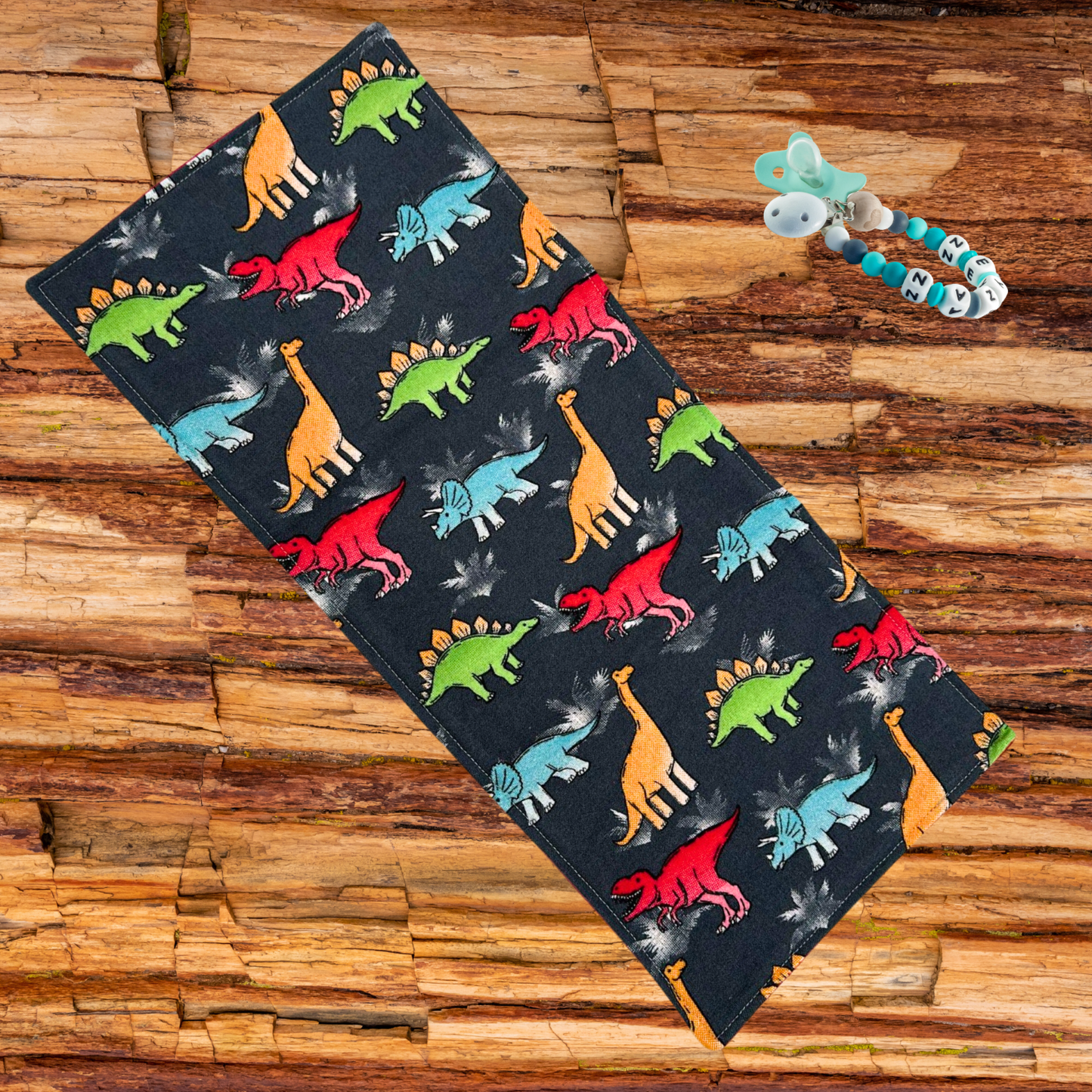 Dinosaur Bib & Burp Cloth Set – Handmade Baby Gift, Gray Cotton Flannel with Colorful Dinos & Red Flannel Backing, Absorbent