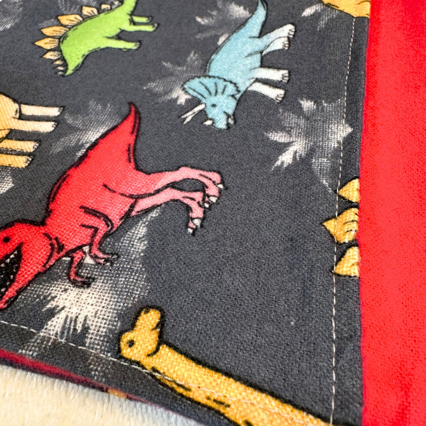 Dinosaur Bib & Burp Cloth Set – Handmade Baby Gift, Gray Cotton Flannel with Colorful Dinos & Red Flannel Backing, Absorbent