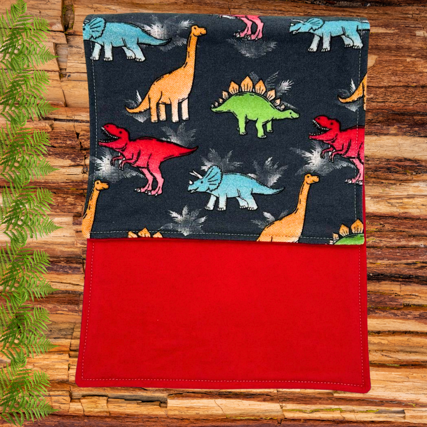 Dinosaur Bib & Burp Cloth Set – Handmade Baby Gift, Gray Cotton Flannel with Colorful Dinos & Red Flannel Backing, Absorbent