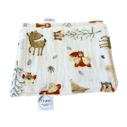 Muslin Forest Animals Burp Cloth Set – Handmade 2-Pack with Soft Gray Flannel Backing, Absorbent 7.5x17 Baby Feeding Essentials