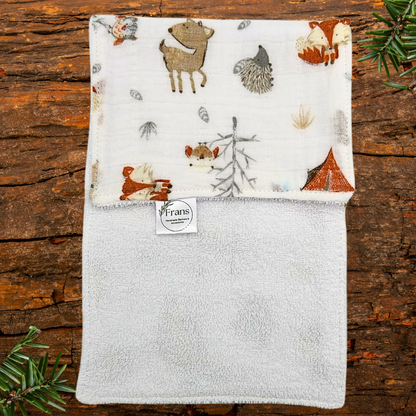 Muslin Forest Animals Burp Cloth Set – Handmade 2-Pack with Soft Gray Flannel Backing, Absorbent 7.5x17 Baby Feeding Essentials
