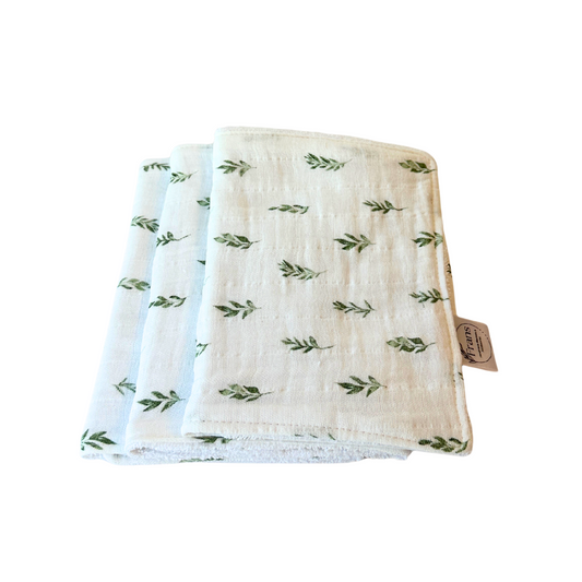Green Leaf Muslin Burp Cloth Set – 3-Pack Handmade Baby Gift, Soft 7.5x17 Cloths with Absorbent White Terry Backing