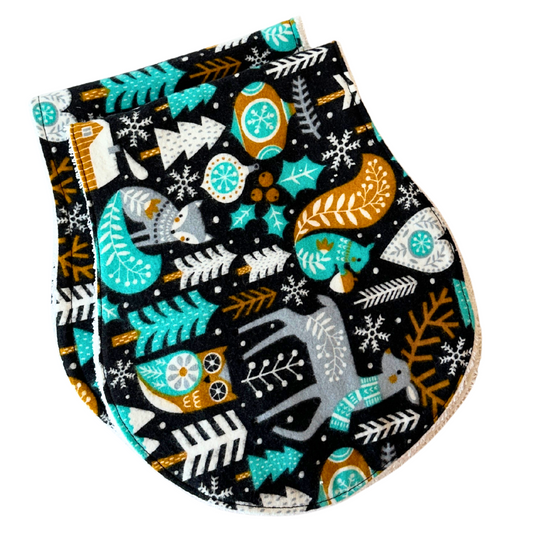Whimsical Forest Animal Burp Cloth Set – 2-Pack Black Flannel with Teal, Silver & Gray Prints, Absorbent Terry Cloth Backing, Handmade