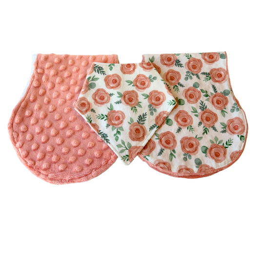 Peach Floral Bib & Burp Cloth Set – Handmade 3-Piece Baby Gift with Cotton Flannel, Minky & Terry Cloth, Soft & Absorbent