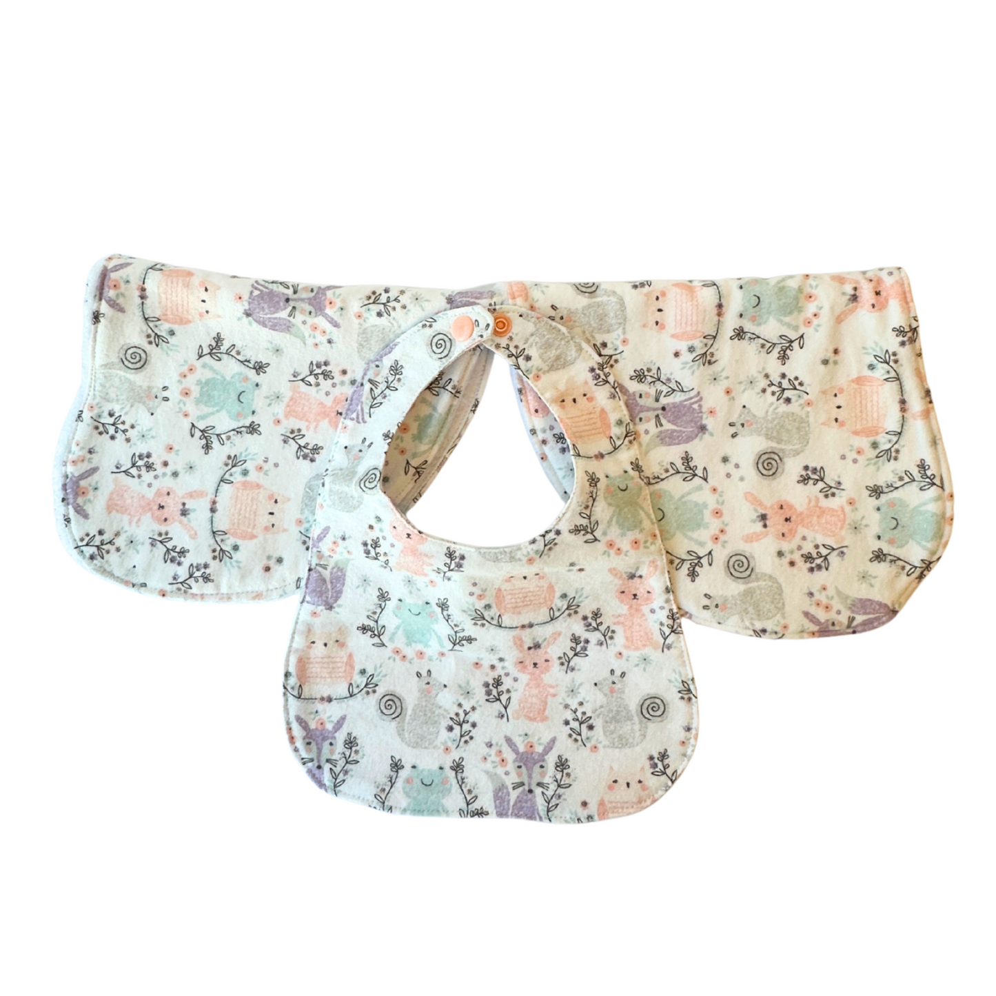 Pastel Forest Animals Bib & Burp Cloth Set – Handmade 3-Piece Baby Gift, Cotton Flannel & Microfiber, Soft & Absorbent