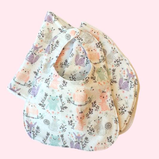 Pastel Forest Animals Bib & Burp Cloth Set – Handmade 3-Piece Baby Gift, Cotton Flannel & Microfiber, Soft & Absorbent
