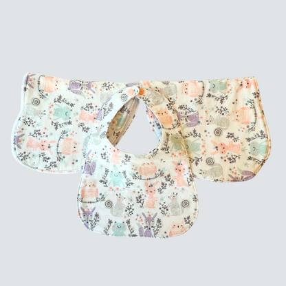 Pastel Forest Animals Bib & Burp Cloth Set – Handmade 3-Piece Baby Gift, Cotton Flannel & Microfiber, Soft & Absorbent
