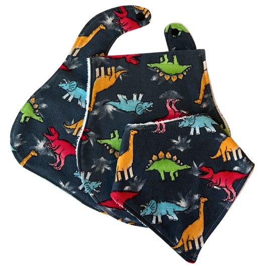 Playful Dinosaur Bib & Burp Cloth Set – Handmade 3-Piece Cotton Flannel Baby Gift, 2 Bibs + 1 Burp Cloth with Colorful Dino Print