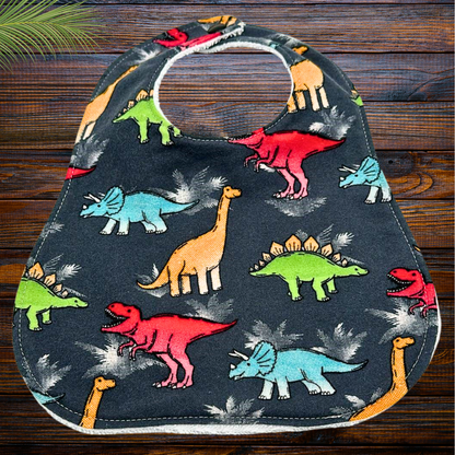 Playful Dinosaur Bib & Burp Cloth Set – Handmade 3-Piece Cotton Flannel Baby Gift, 2 Bibs + 1 Burp Cloth with Colorful Dino Print