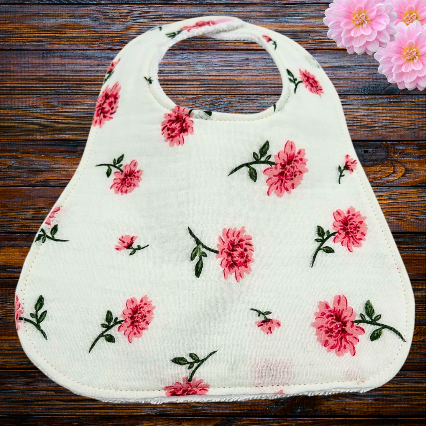 Pink Floral Bib & Burp Cloth Set – Handmade Muslin & Terry Cloth Baby Gift, Absorbent Feeding Essentials, Soft & Stylish