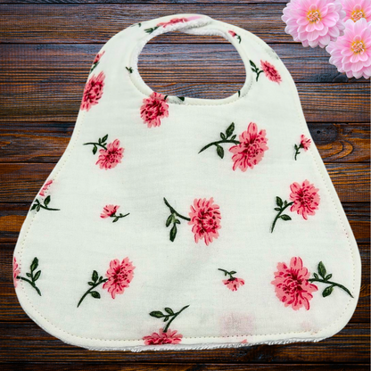 Pink Floral Bib & Burp Cloth Set – Handmade Muslin & Terry Cloth Baby Gift, Absorbent Feeding Essentials, Soft & Stylish