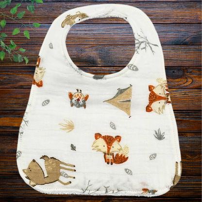 Muslin Forest Animal Bib & Burp Cloth Set – Handmade Baby Gift, Soft & Absorbent Woodland Print with White Terry Cloth Backing