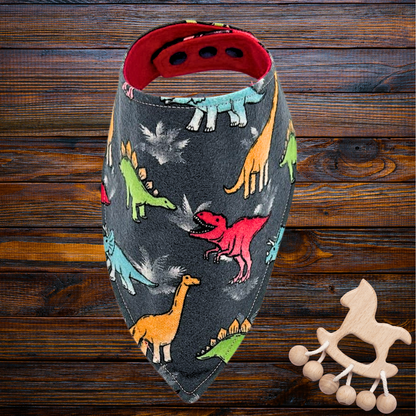 Dinosaur Bib & Burp Cloth Set – Handmade Baby Gift, Gray Cotton Flannel with Colorful Dinos & Red Flannel Backing, Absorbent