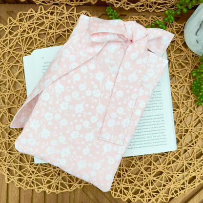 Blush Bloom Book Sleeve – Quilted, Pocketed & Bow-Tied