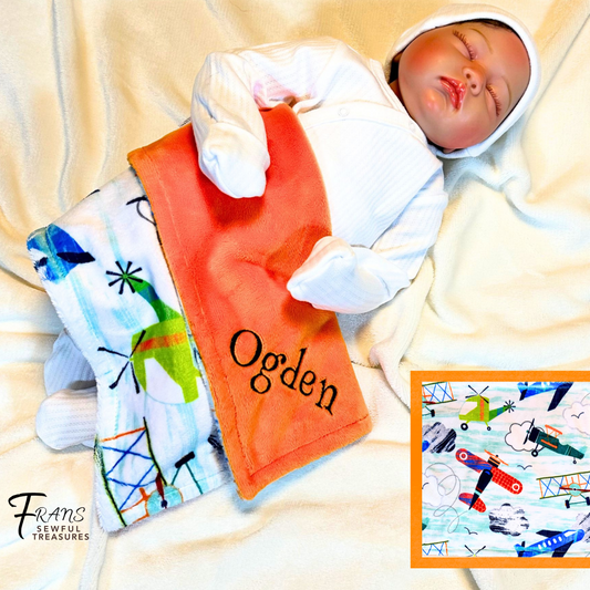 Personalized Baby Blanket - Airplanes in the sky Minky Baby Blanket - You choose back, Custom Baby Blanket, Baby shower gift, newborn gift