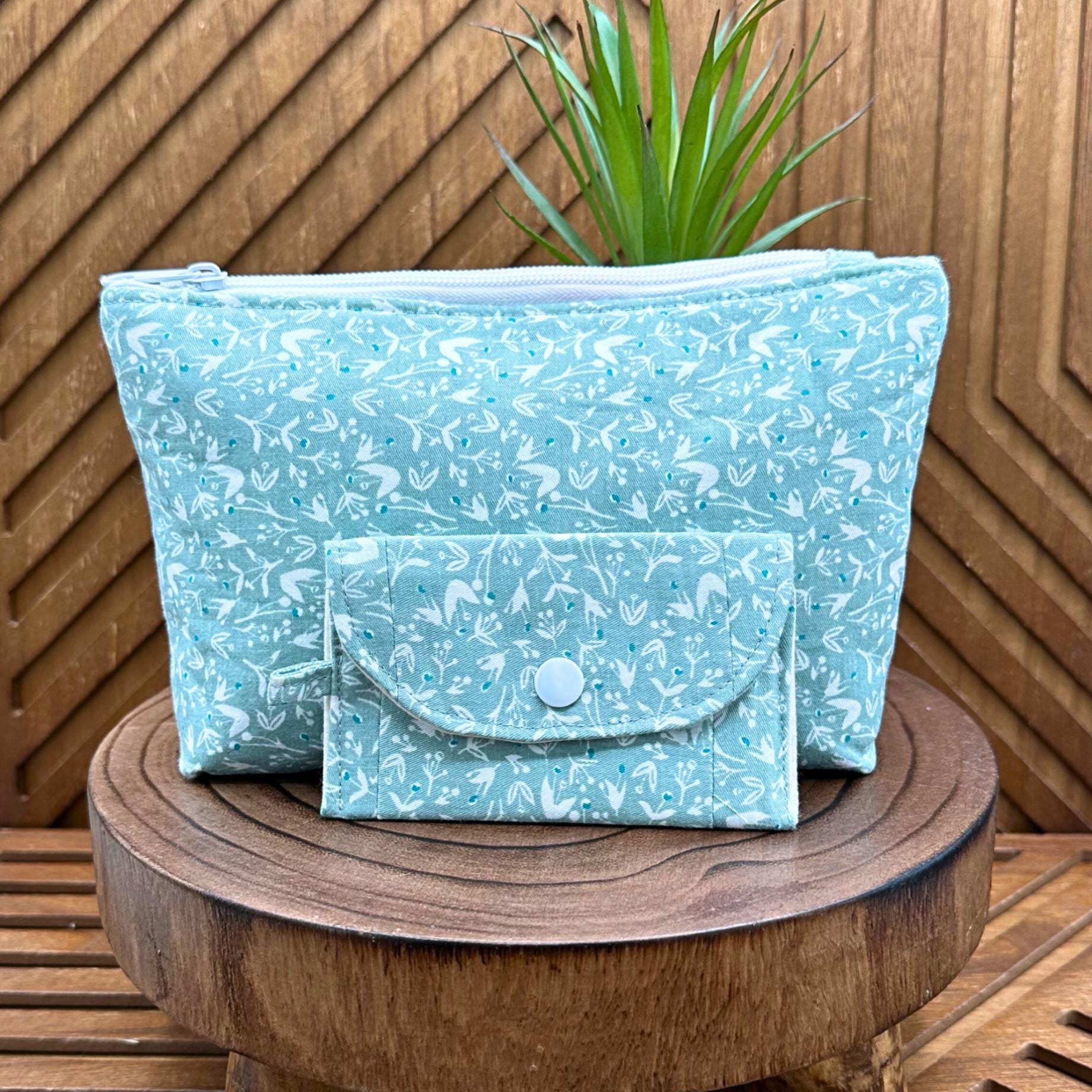 sage with white flowers zippered make up bag and small snap pouch set