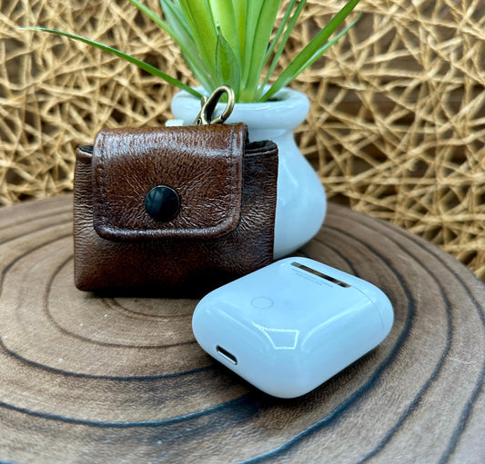 Brown Faux Leather Wireless earbud case, compatible with AirPods, snap closure swivel clasp included for easy and secure carry, 3X3X.75"