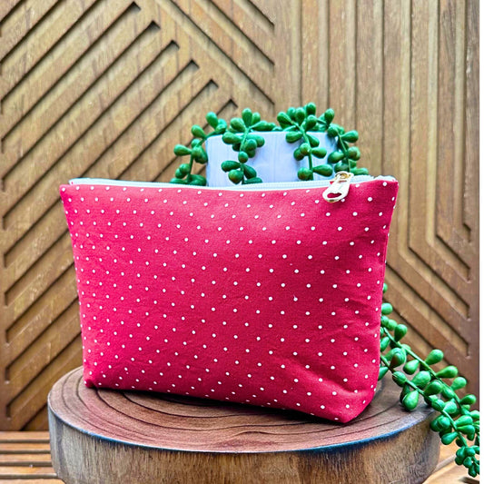 red with white polka dot zippered make up bag