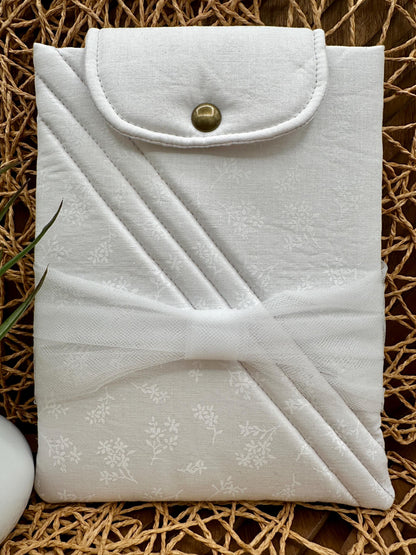 Kindle Paperwhite Sleeve - Soft White Dainty Floral Print with white Tulle Bow, Feminine Foam Padded Device Cover with Magnetic Snap Closure