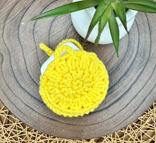 Yellow Crocheted Wireless earbud case, compatible with AirPods, measures 3.5 T 3.5 H .25 D, Pretty Round Design
