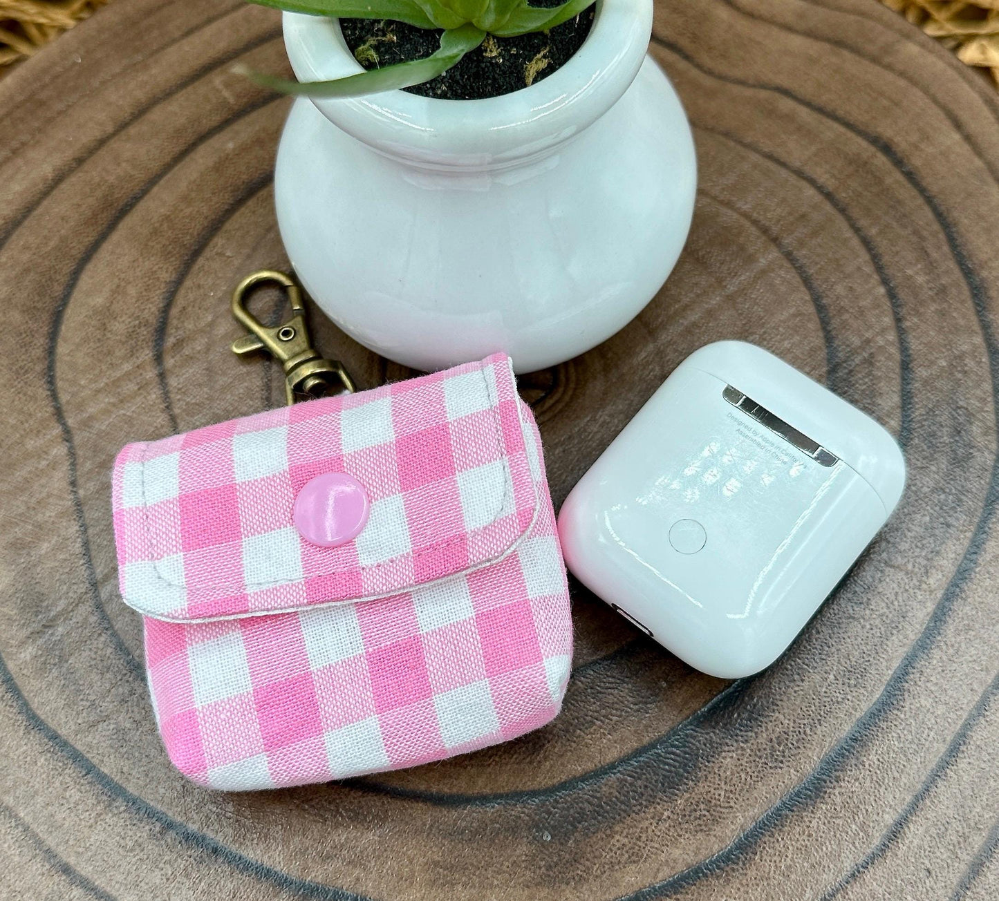 Wireless earbud case, Super Cute Pink Gingham Fabric with snap closure and swivel clasp for added protection and convenience, 3X3X.75"