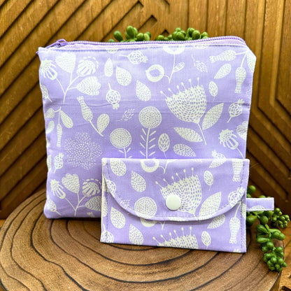 lavender with white boho print zippered make up bag with small snap pouch set