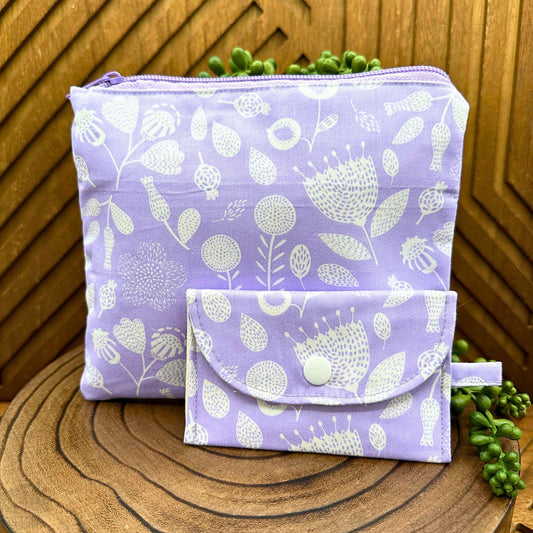 lavender with white boho print zippered make up bag with small snap pouch set