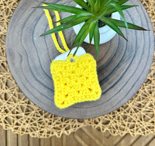 Yellow Crocheted Wireless earbud case, compatible with AirPods, measures 3 T 3 H .25 D, Pretty Granny Square Design