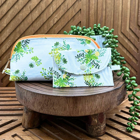 vintage floral print zippered make up bag and small snap pouch duo