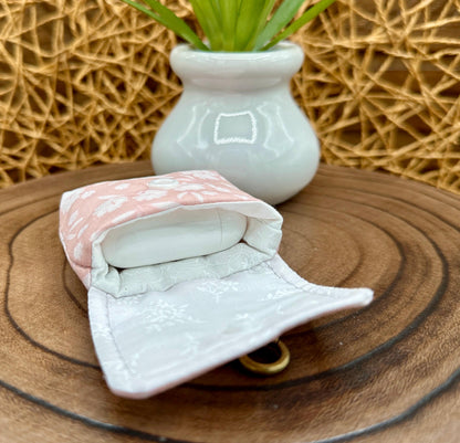Wireless earbud case, Elegant Pink with Cream Flowers Fabric with Snap Closure and Swivel Clasp for Style and Convenience, 3X3X.75"